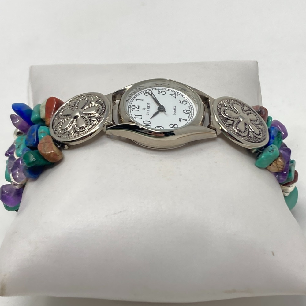 Oryx Watch Women Silver Tone Gemstone Band Amethyst Jasper 24mm New Batter 7.25" - Picture 7 of 16